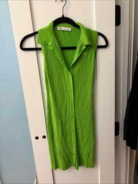 Zara Bright Lime Ribbed Button-Front Sleeveless Mini dress